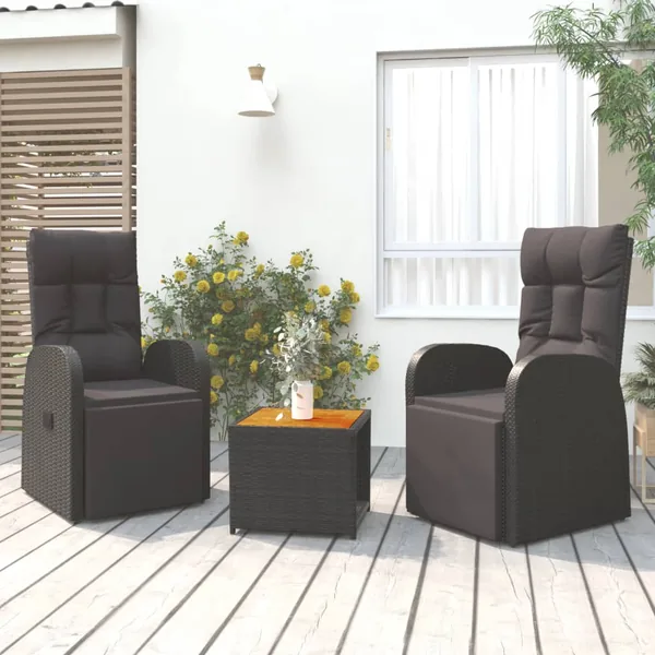 Ensemble de salon de jardin 3 pcs noir poly rotin et acacia