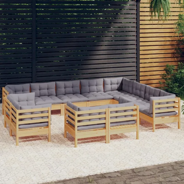 Salon de jardin 12 pcs avec coussins gris Bois de pin massif