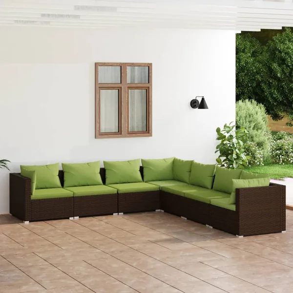 Salon de jardin 7 pcs avec coussins Résine tressée Marron