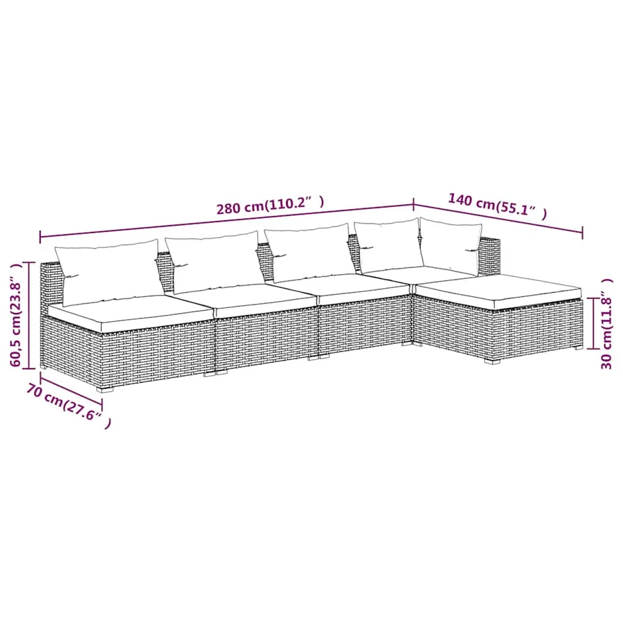 Salon de jardin 5 pcs avec coussins Résine tressée Noir - 6