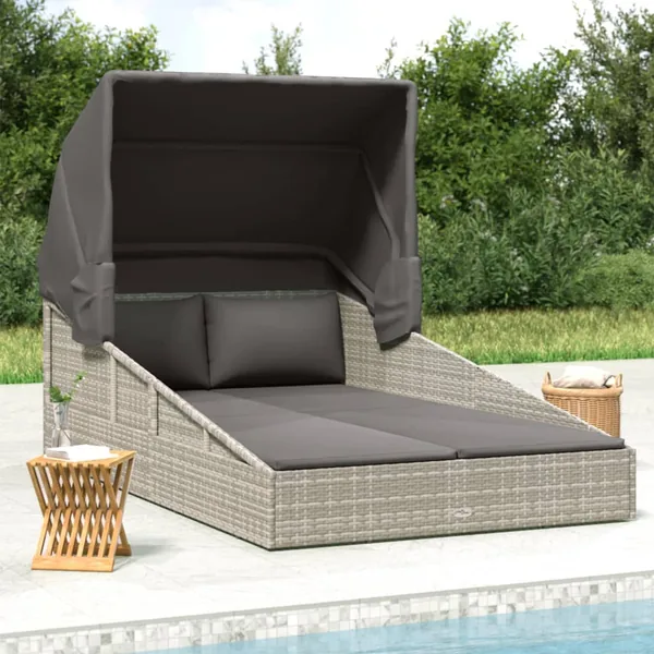 Transat avec toit pliable gris 200x114x128 cm résine tressée