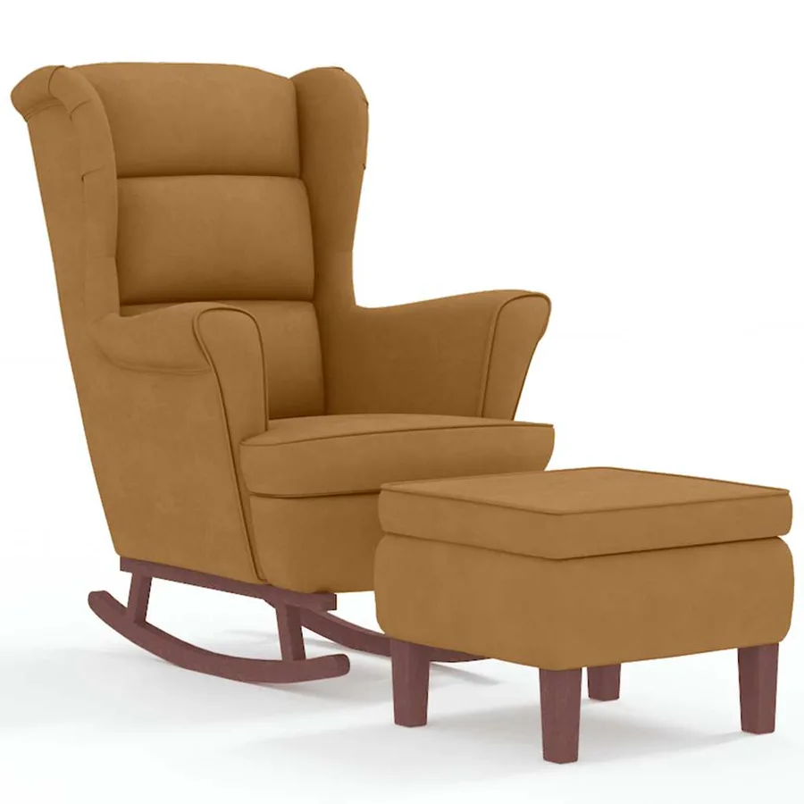 Fauteuil à bascule à oreilles en velours marron bois massif - 2