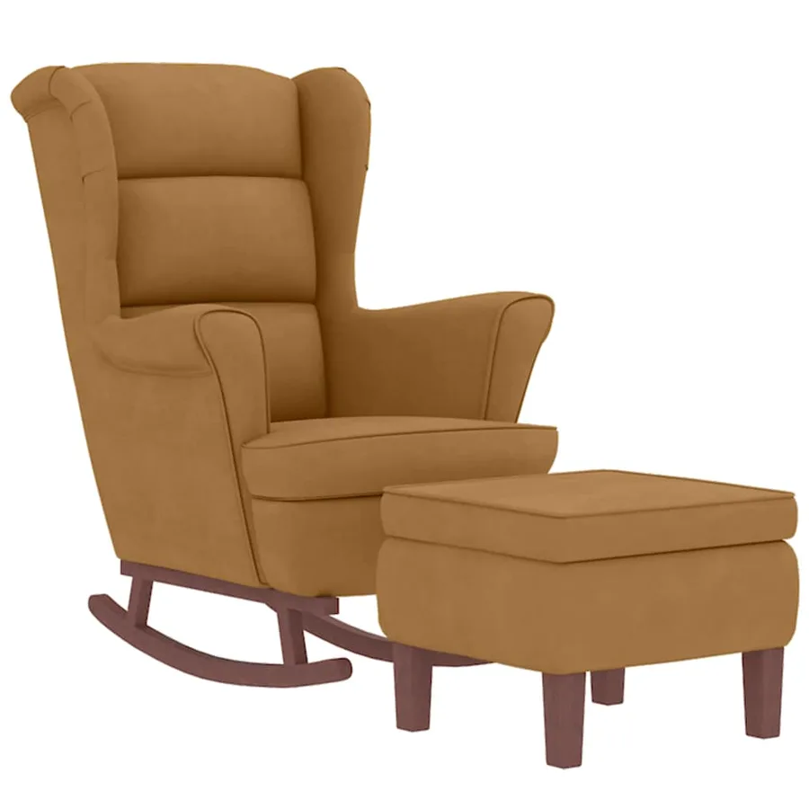 Fauteuil à bascule à oreilles en velours marron bois massif - 3