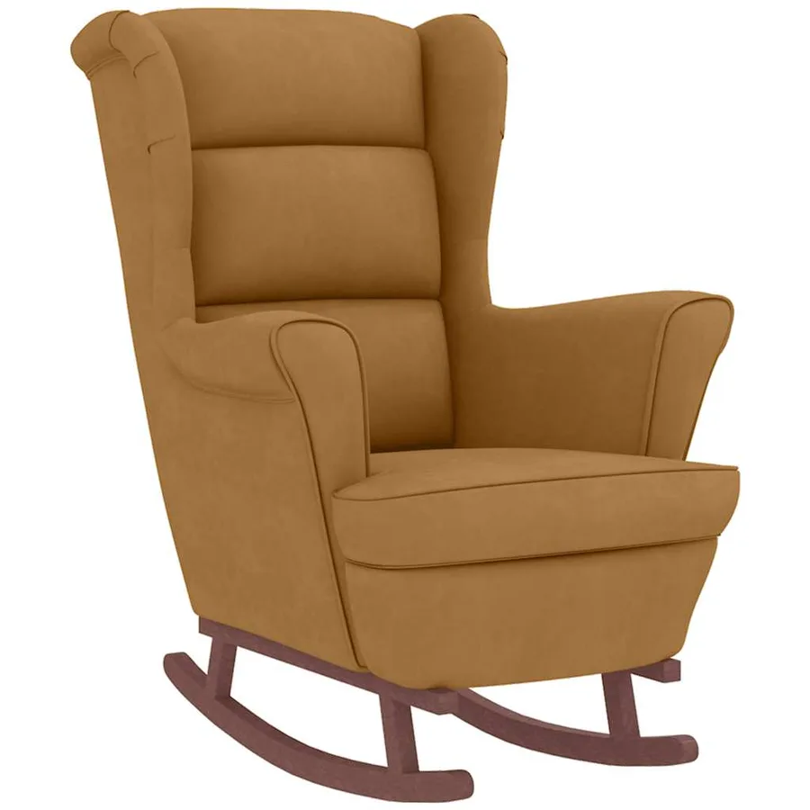 Fauteuil à bascule à oreilles en velours marron bois massif - 4