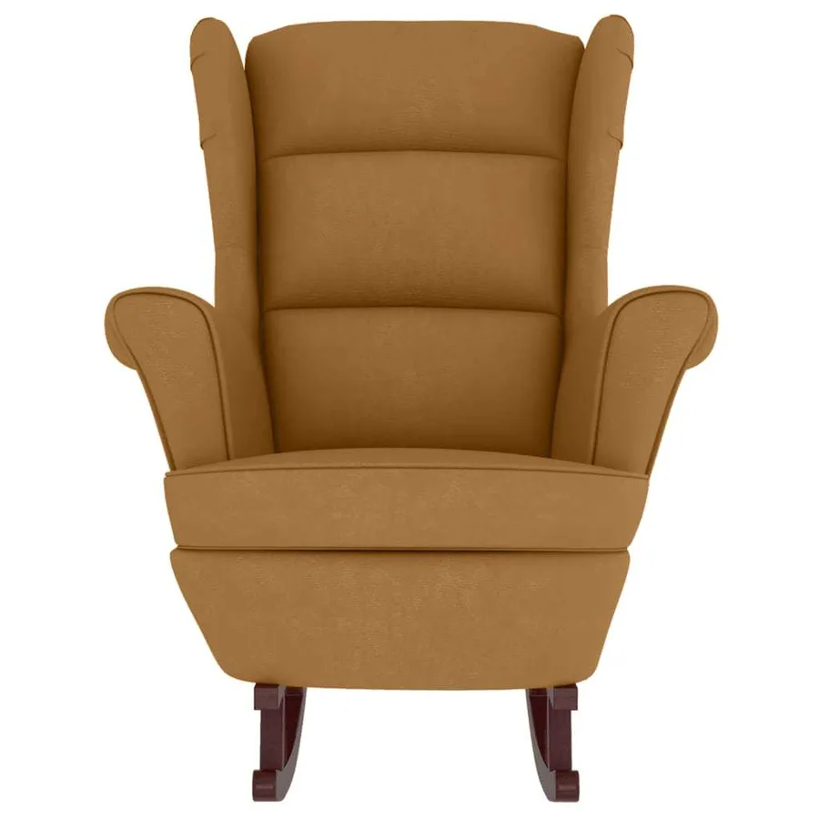 Fauteuil à bascule à oreilles en velours marron bois massif - 5