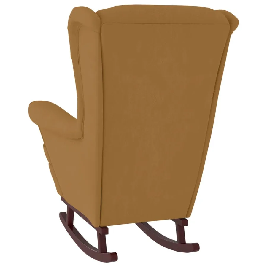 Fauteuil à bascule à oreilles en velours marron bois massif - 7