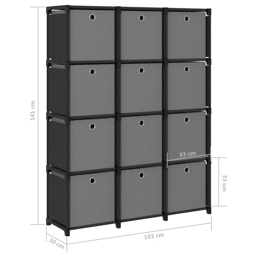 Étagère à 12 cubes avec boîtes Noir 103x30x141 cm Tissu - 9