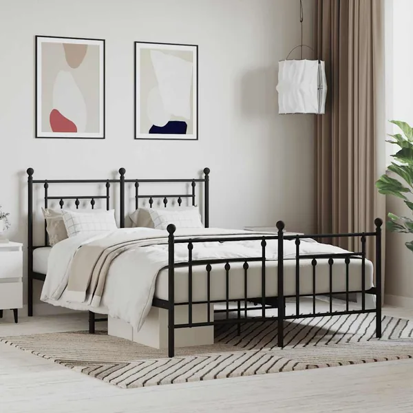Cadre de lit métal sans matelas avec pied de lit noir 140x200cm