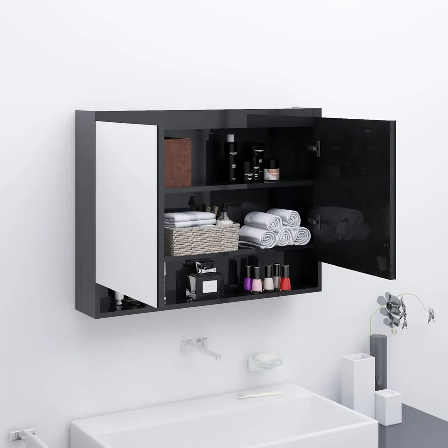 Armoire à miroir de salle de bain 80x15x60 cm MDF Noir brillant
