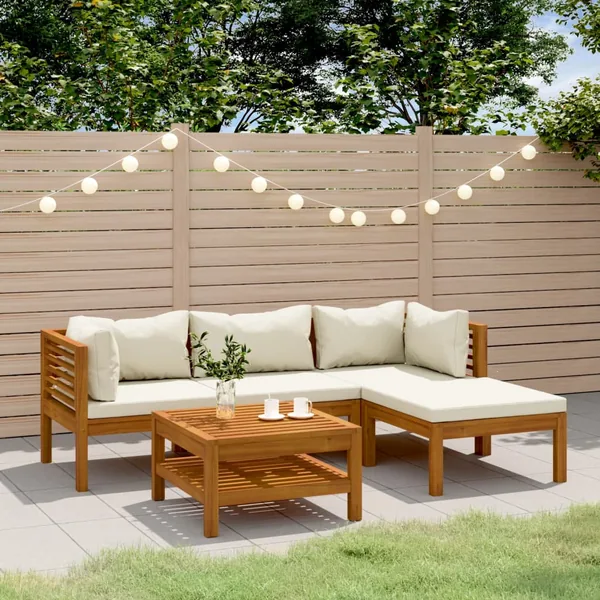 Salon de jardin 5 pcs avec coussin crème Bois d'acacia solide