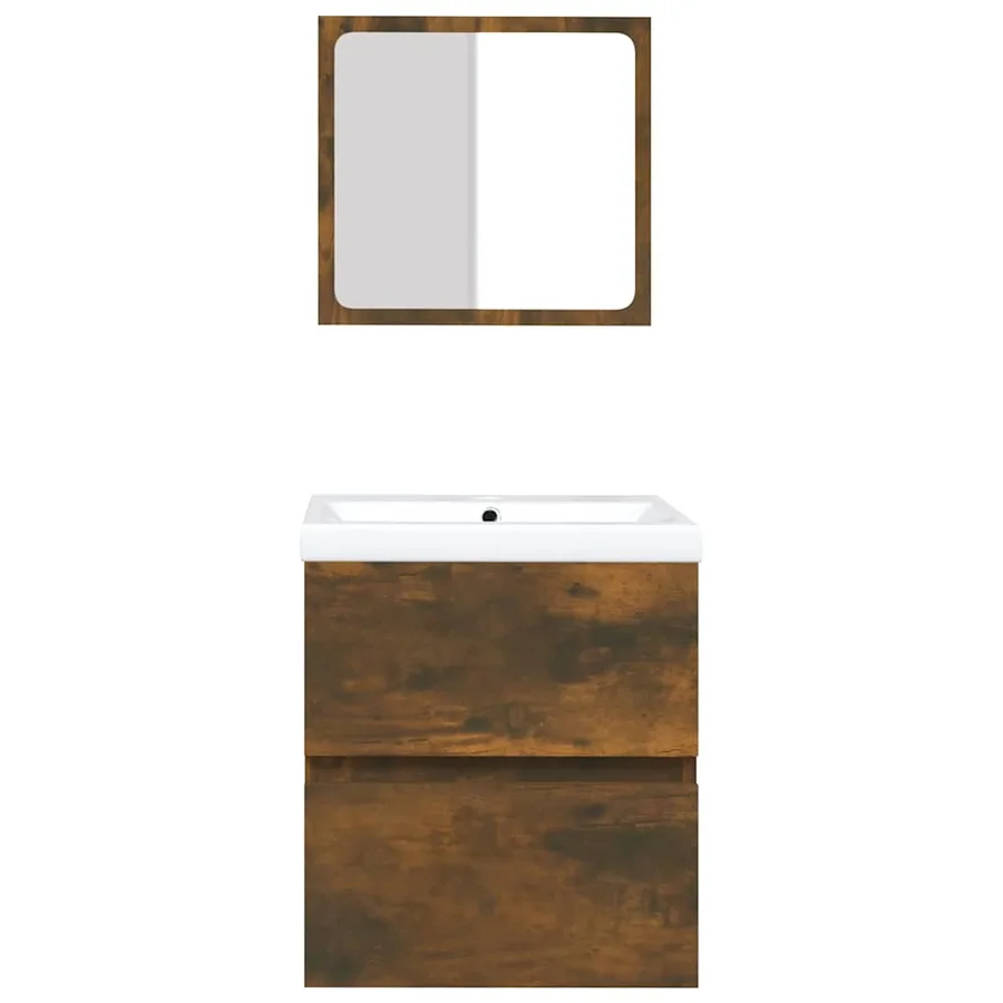 Armoire lavabo de salle de bain et bassin et miroir Chêne fumé - 4