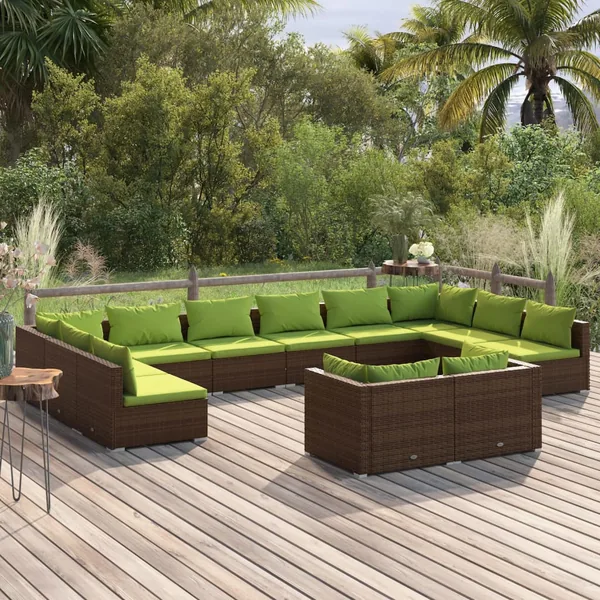 Salon de jardin 12 pcs avec coussins Marron Résine tressée