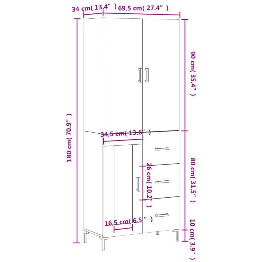 Buffet haut Blanc 69,5x34x180 cm Bois d'ingénierie - 14