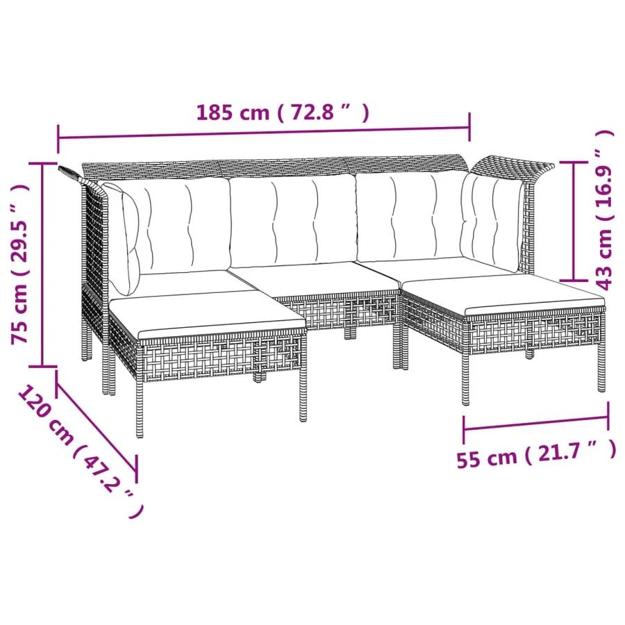 Salon de jardin 6 pcs avec coussins Gris Résine tressée - 6