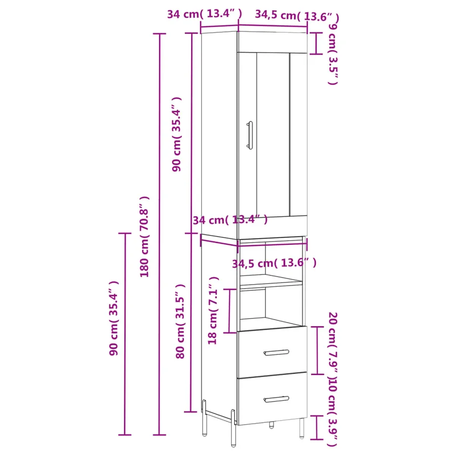 Buffet haut Gris béton 34,5x34x180 cm Bois d'ingénierie - 14