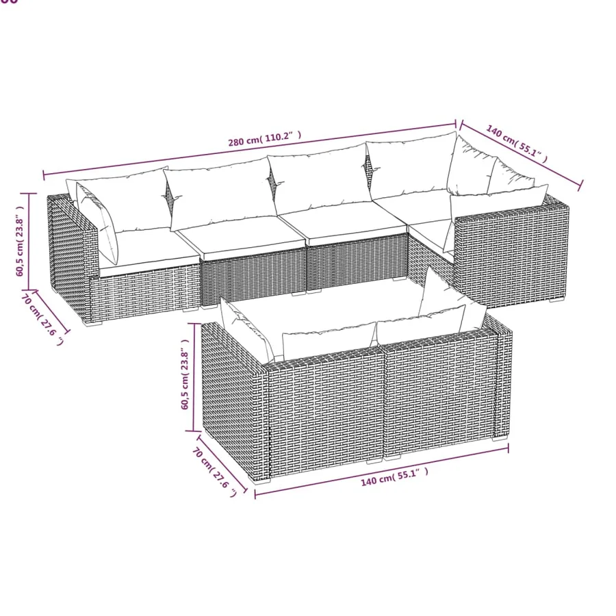 Salon de jardin 7 pcs avec coussins Noir Résine tressée 70 x 70 x 60,5 cm - 62,5 kg - 5