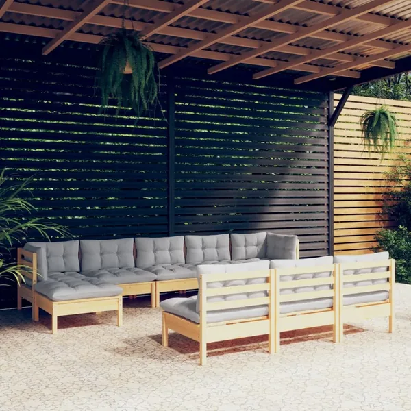 Salon de jardin 10 pcs avec coussins gris Bois de pin