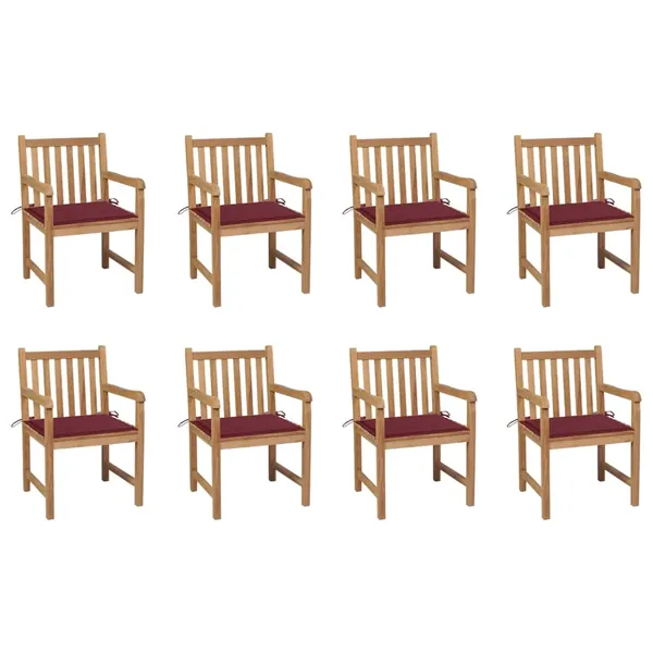 Chaises de jardin lot de 8 avec coussins bordeaux Bois de teck