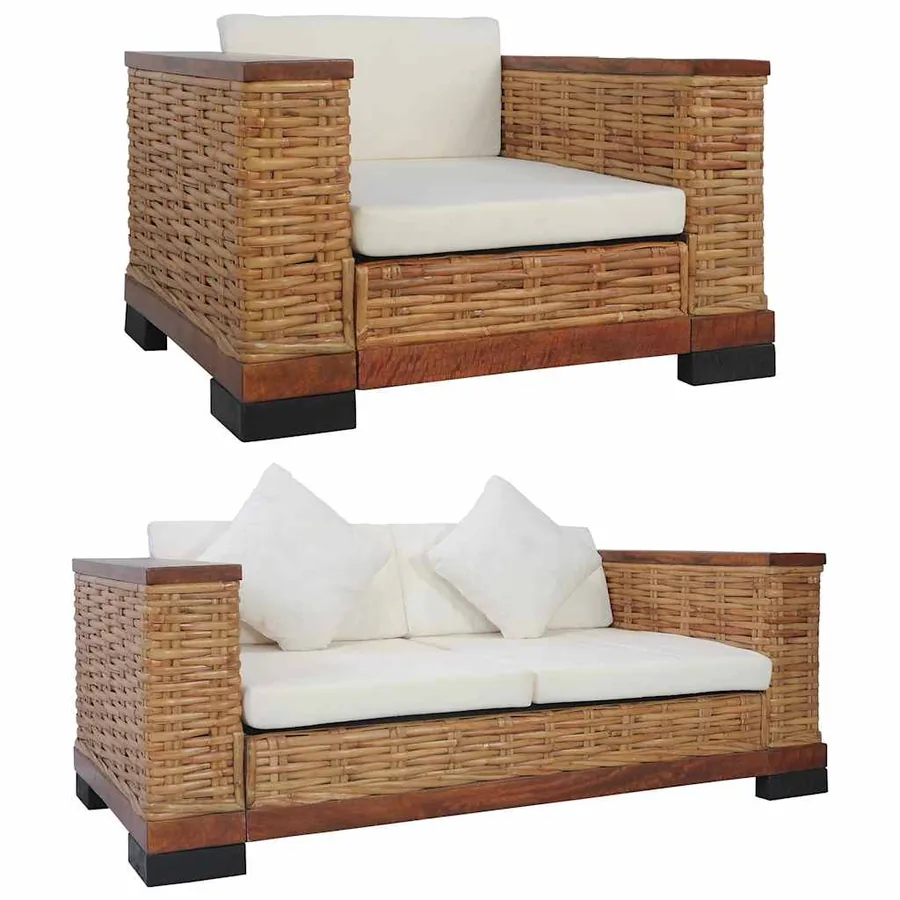 Ensemble de canapés 2 pcs avec coussins marron rotin naturel
