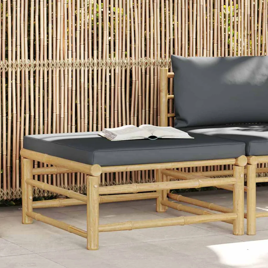 Repose-pied de jardin avec coussin gris foncé Bambou