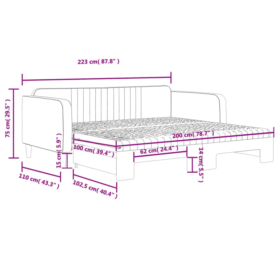 Lit de jour et gigogne et matelas gris clair 100x200 cm velours - 12
