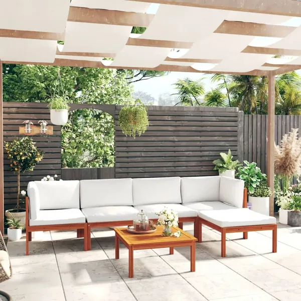 Salon de jardin 6 pièces avec coussins, bois d'acacia crème et corde