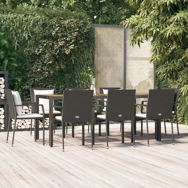 Ensemble à manger jardin 9pcs et coussins noir résine tressée