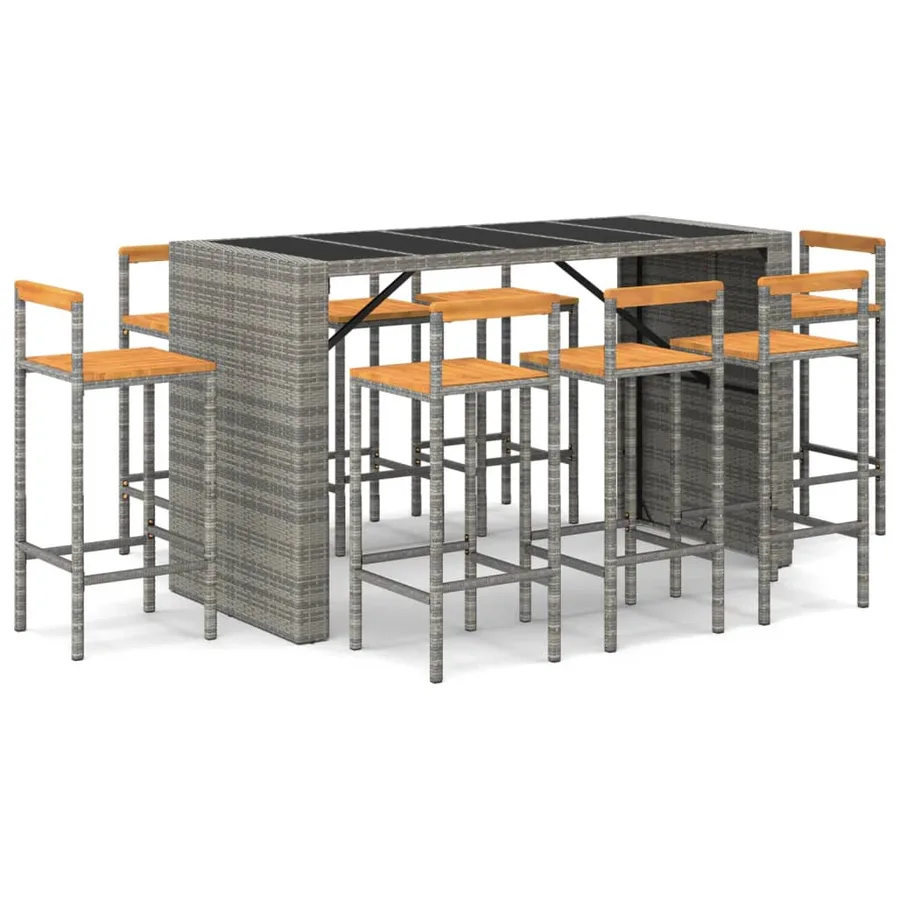 Ensemble de bar jardin 9 pcs gris poly rotin/bois massif acacia - 2