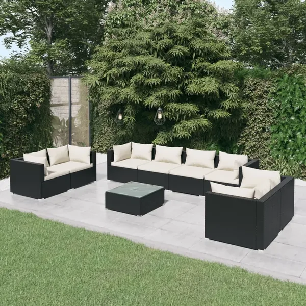 Salon de jardin 9 pcs avec coussins Résine tressée Noir