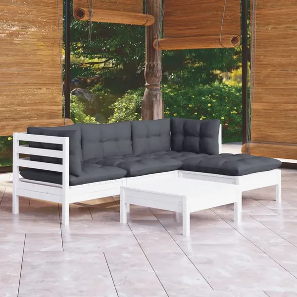 Salon de jardin 5 pcs avec coussins blanc bois de pin