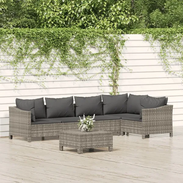 Salon de jardin 6 pcs avec coussins Gris Résine tressée