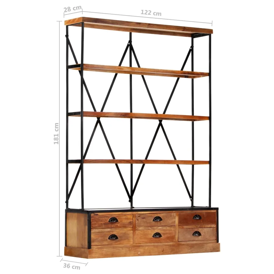 Bibliothèque à 4 étagères avec 6 tiroirs 122x36x181 cm Manguier - 8