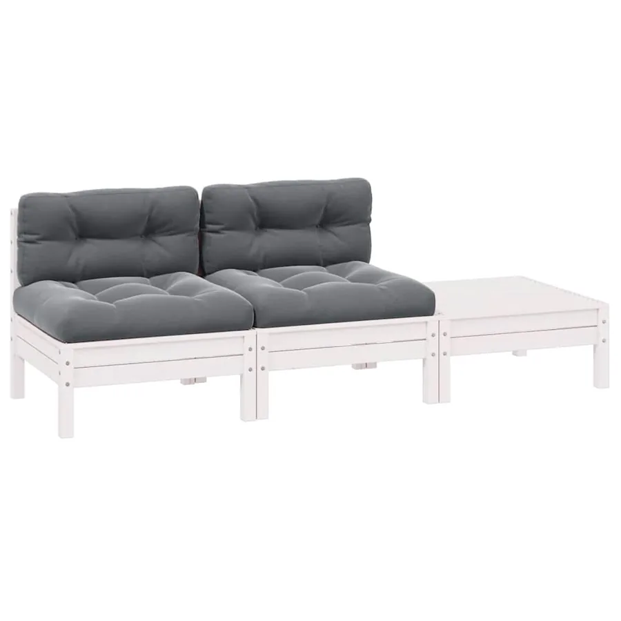 Salon de jardin 3 pcs avec coussins Blanc Bois de pin massif