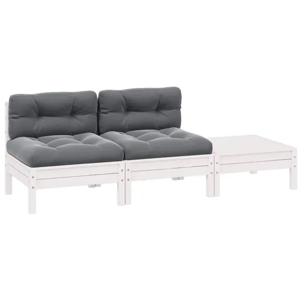 Salon de jardin 3 pcs avec coussins Blanc Bois de pin massif