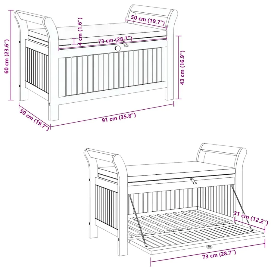 Banc de rangement de jardin avec coussin 91 cm Bois d'acacia - 13