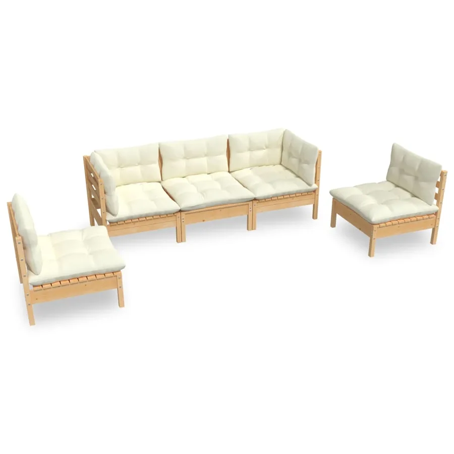 Salon de jardin 5 pcs avec coussins crème bois de pin massif - 2