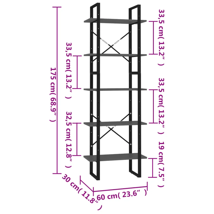 Bibliothèque à 5 niveaux Gris 60x30x175 cm Bois ingénierie - 6
