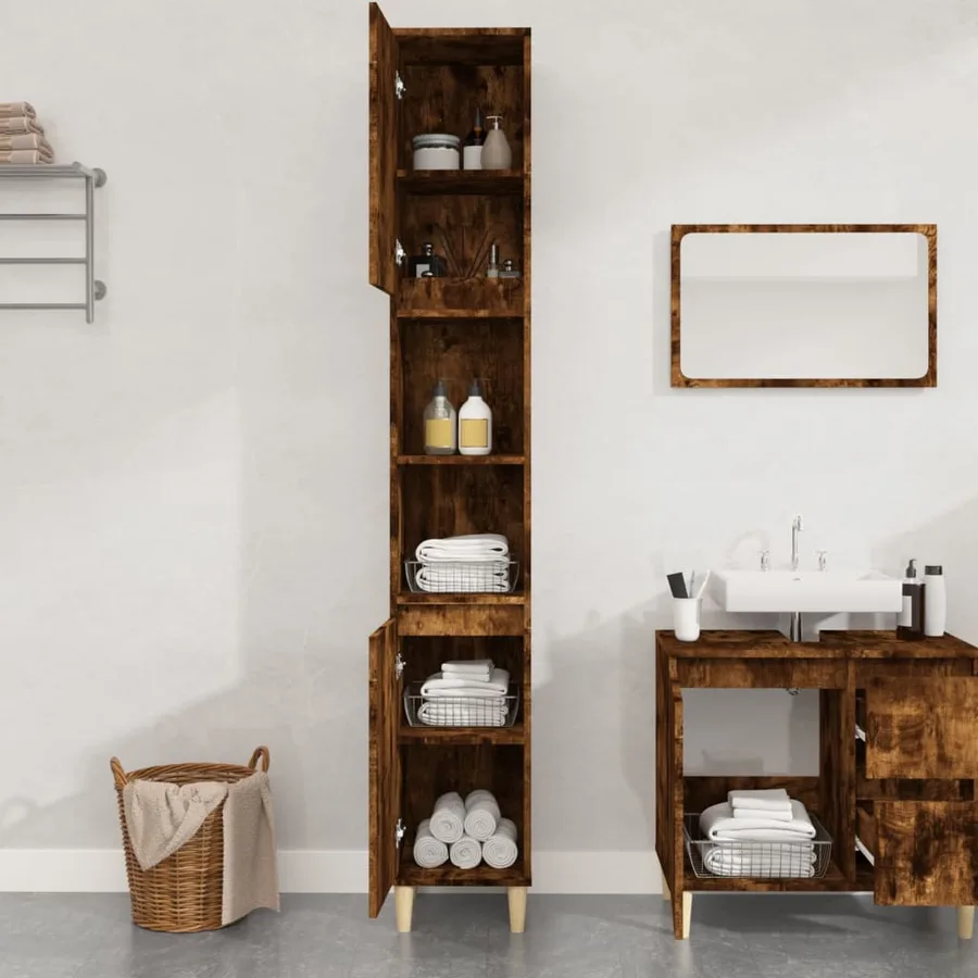 Armoire de bain chêne fumé 30x30x190 cm bois d'ingénierie - 3