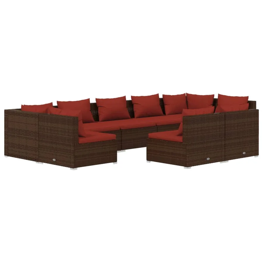 Salon de jardin 9 pcs avec coussins Marron Résine tressée - 2
