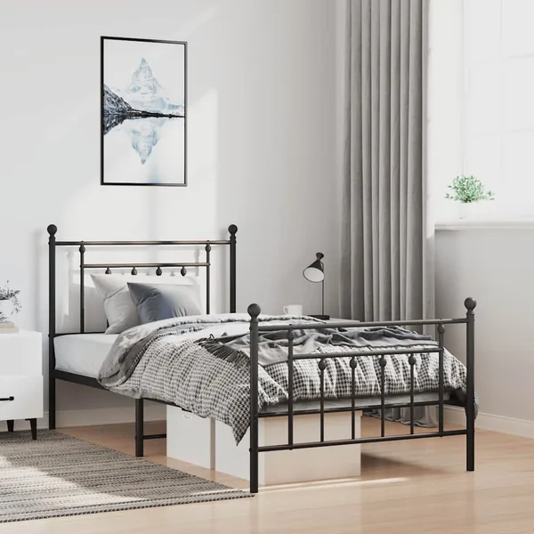 Cadre de lit métal sans matelas avec pied de lit noir 100x190cm