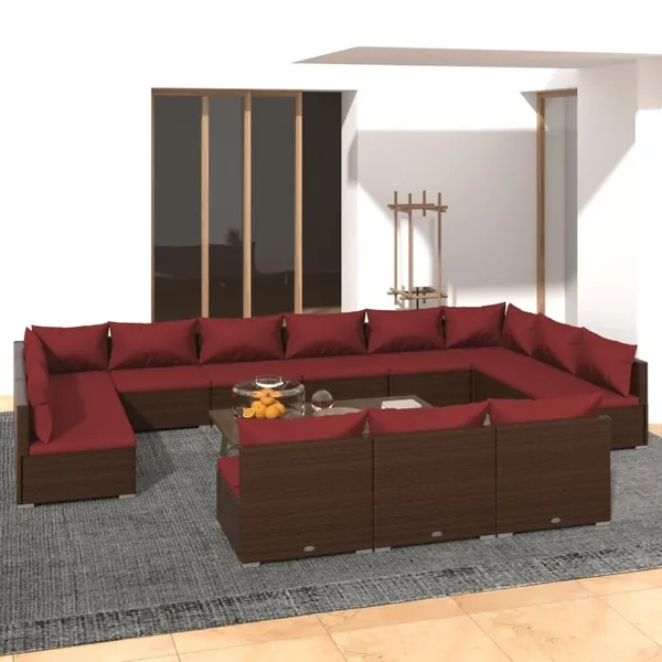 Salon de jardin 13 pcs avec coussins Marron Résine tressée