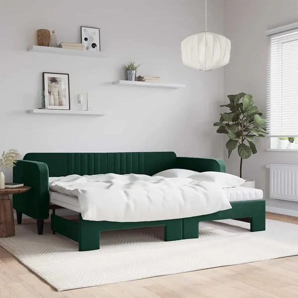 Lit de jour avec gigogne et matelas vert foncé 90x200cm velours