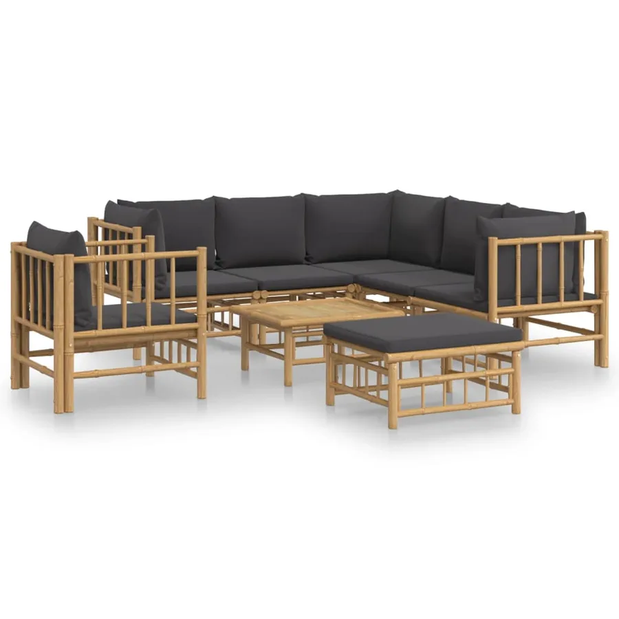 Salon de jardin 8 pcs avec coussins gris foncé bambou - 2