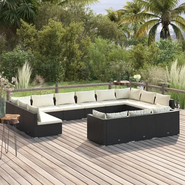 Salon de jardin 13 pcs avec coussins Noir Résine tressée