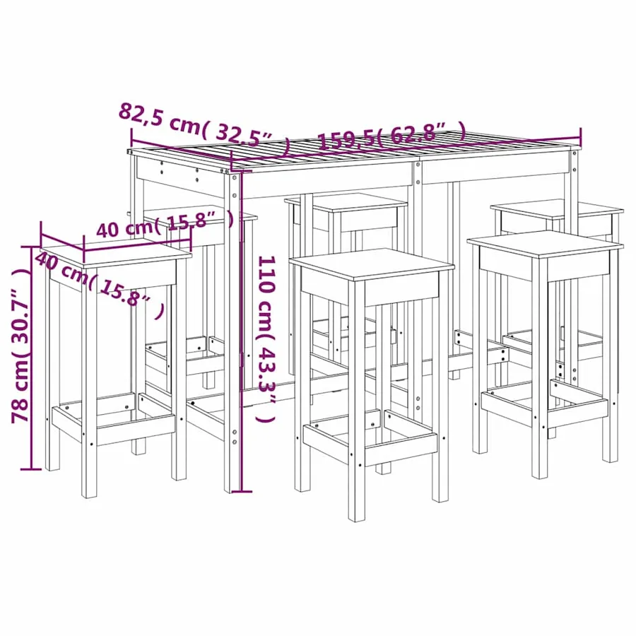 Ensemble de bar de jardin 7 pcs blanc bois de pin massif - 10
