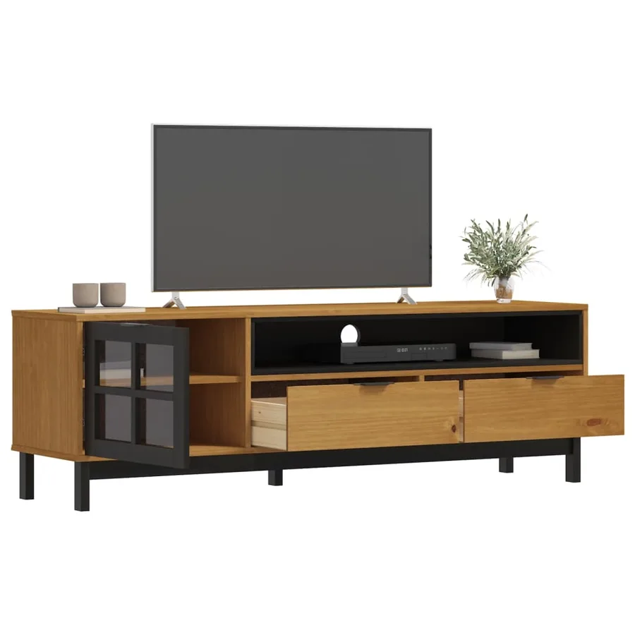 Meuble TV avec porte vitrée FLAM 158x40x50cm bois massif de pin - 3