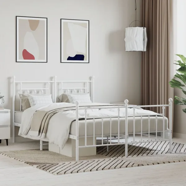 Cadre de lit métal sans matelas et pied de lit blanc 140x190 cm