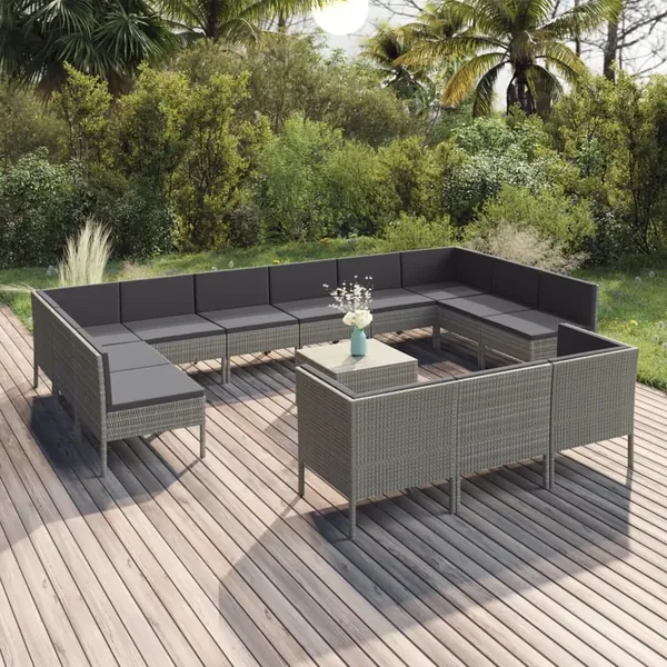 Salon de jardin 14 pcs avec coussins Résine tressée Gris