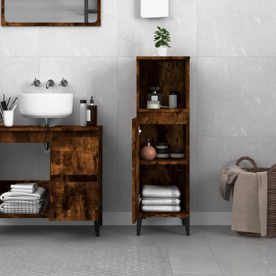 Armoire de bain chêne fumé 30x30x100 cm bois d'ingénierie - 3
