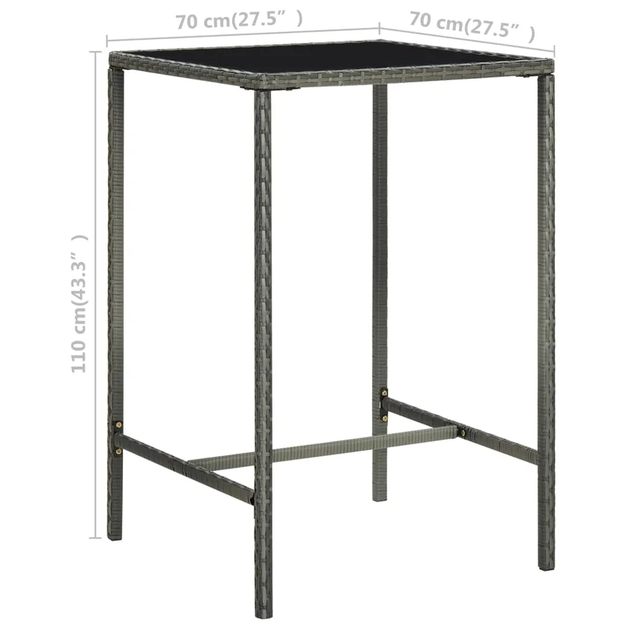 Table de bar de jardin Gris 70x70x110cm Résine tressée et verre - 6